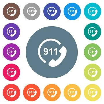 Emergency call 911 flat white icons on round color backgrounds Illustrazione stock