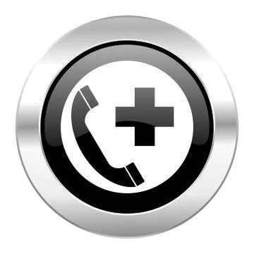 Emergency call black circle glossy chrome icon isolated. Stock Illustration