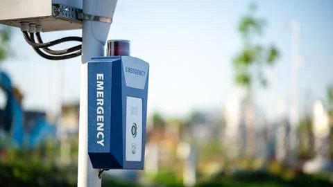 Emergency call box mounted on a pole by the beach with lake in the background Stock Photos