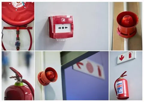 Emergency, collage or fire drill alarm for safety, attention or evacuation in Stock Photos