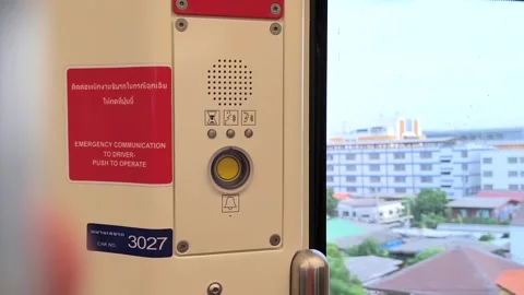 Emergency communication panel inside MRT train in Bangkok, Thailand Stock Footage 324143493