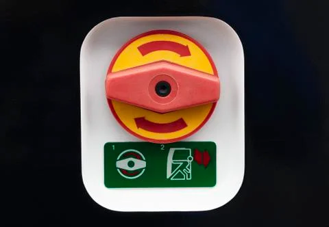 Emergency door open button in the bus Stock Photos