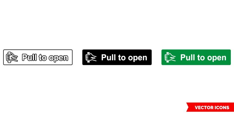 Emergency escape label pull to open icon of 3 types color, black and white, o Stockillustratie