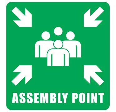 Emergency evacuation assembly point sign, green color Stock Illustration