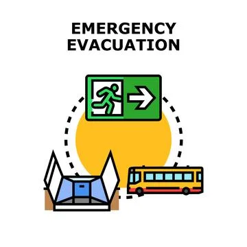 Emergency evacuation plan with bus and exit sign Stock Illustration
