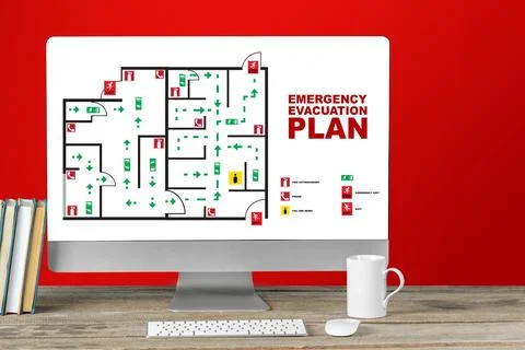Emergency evacuation plan displayed on a computer screen in an office setting Stock Photos