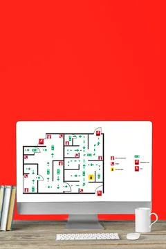 Emergency evacuation plan displayed on computer screen with a red background Stock Photos