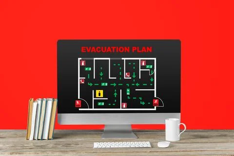 Emergency evacuation plan displayed on a computer screen with clear pathways Stock Photos