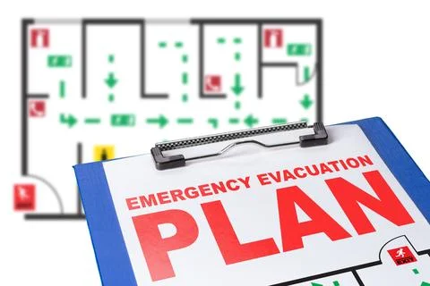 Emergency evacuation plan displayed with layout of building and clear exit Stock Photos