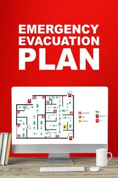 Emergency evacuation plan displayed on a screen in an office setting with clear Stock Photos
