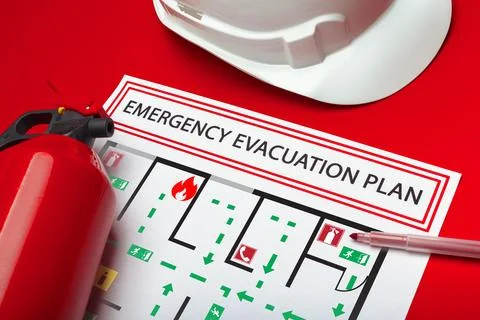 Emergency evacuation plan with fire extinguisher and hard hat on red background Foto stock