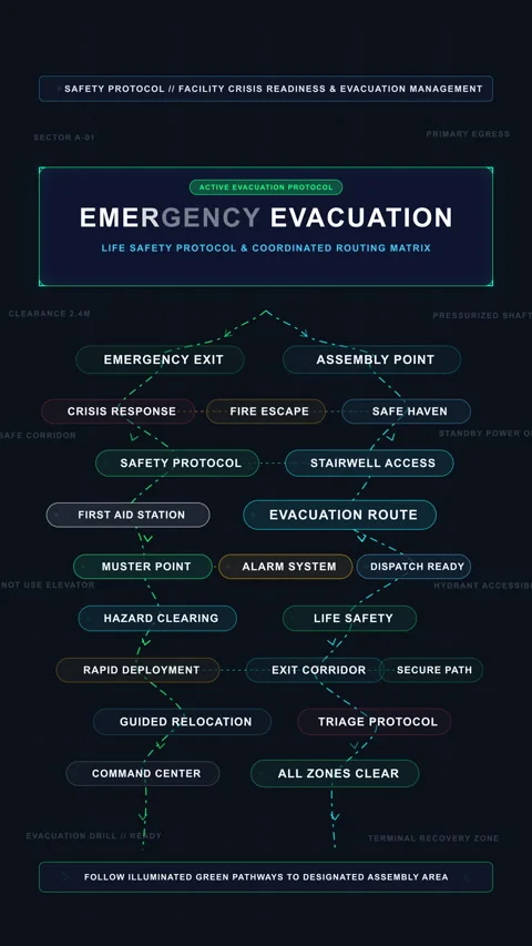Emergency evacuation plan infographic motion graphic diagram flow chart Stock Footage 347052398