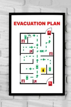 Emergency evacuation plan layout for buildings showing exit routes and safe Stock Photos