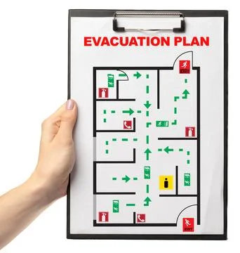 Emergency evacuation plan map showing routes and exits for safety procedures in Stock Photos