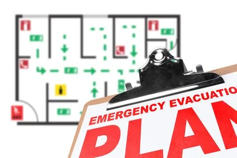Emergency evacuation plan showing exit routes and procedures in a building Stock Photos