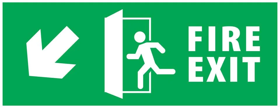 Emergency exit and fire exit sign set, running man icon to door Stock Illustration