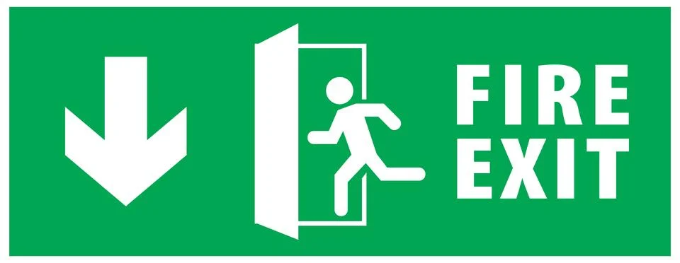Emergency exit and fire exit sign set, running man icon to door, green color Stock Illustration
