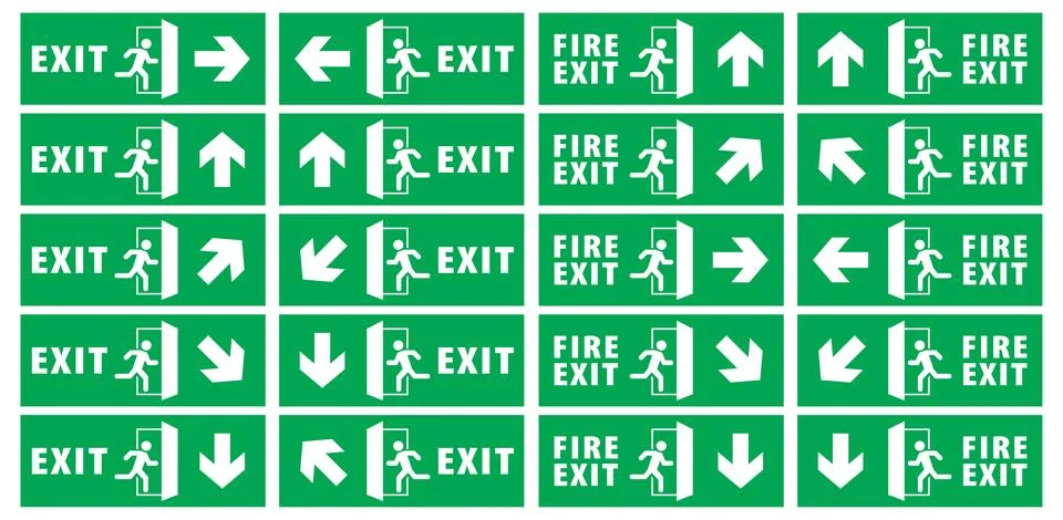 Emergency exit and fire exit sign set, running man icon to door Stock Illustration