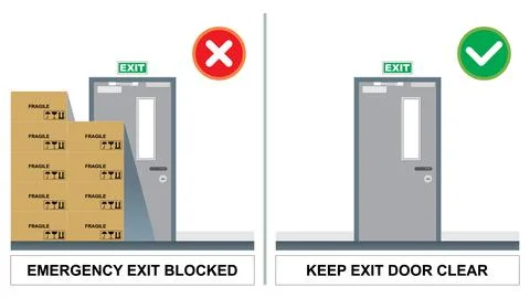 Emergency exit blocked by stack of carton box. Stock Illustration
