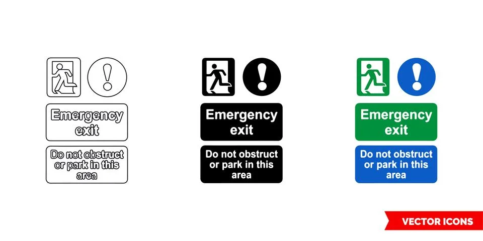 Emergency exit do not obstuct or park in this area notice sign icon of 3 type Stock Illustration