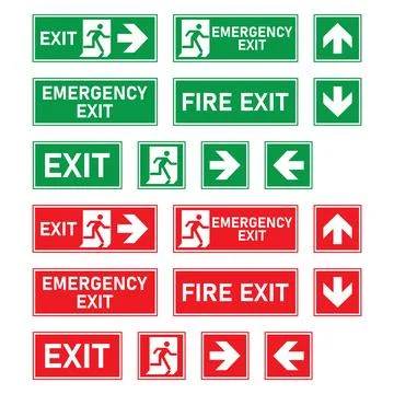 Emergency exit fire signs vector set with green and red safety direction Stock Illustration
