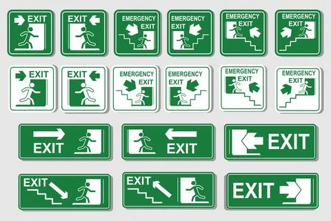 Emergency Exit Sign Elements Collection Set Sticker Label Stock Illustration