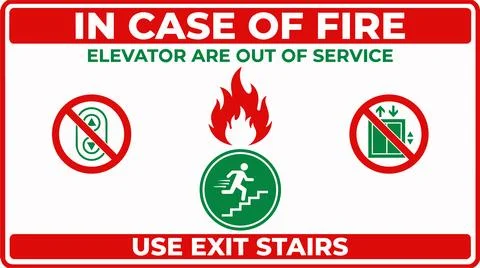 Emergency exit sign with fire warning and elevator out of service notice. Illustrazione stock
