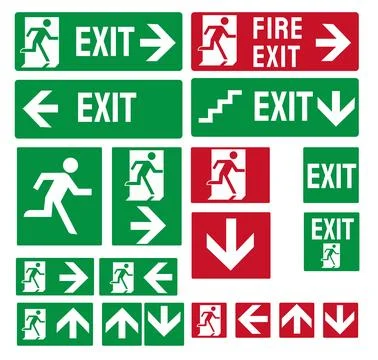 Emergency exit sign icon set with fire exit and evacuation symbols Stock Illustration