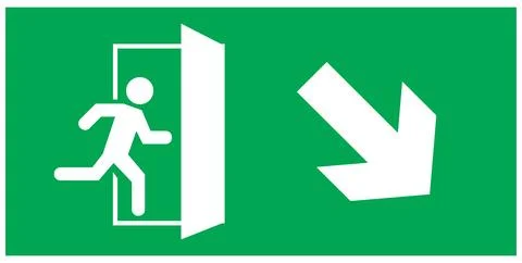 Emergency exit sign, running man icon to door, green color, arrow vector Stock Illustration