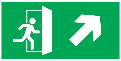 Emergency exit sign, running man icon to door, green color, arrow vector Stock Illustration