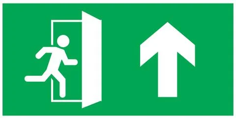Emergency exit sign, running man icon to door, green color, arrow vector Stock Illustration