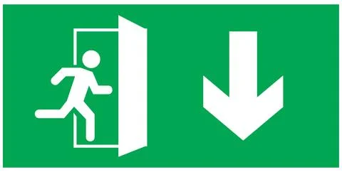 Emergency exit sign, running man icon to door, green color, arrow vector Stock Illustration
