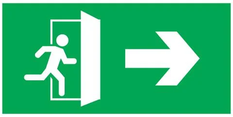 Emergency exit sign, running man icon to door, green color, arrow vector Stock Illustration