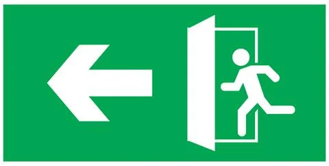Emergency exit sign, running man icon to door, green color, arrow vector Stock Illustration