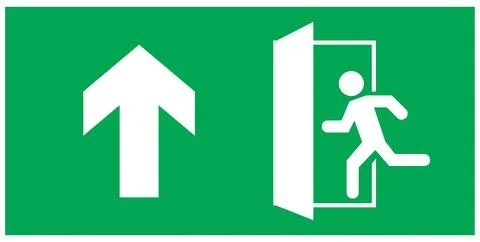 Emergency exit sign, running man icon to door, green color, arrow vector Stock Illustration