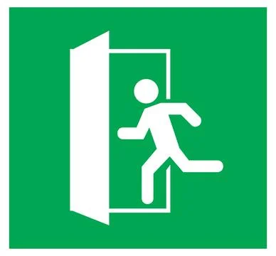 Emergency exit sign, running man icon to door, warning sign plate Stock Illustration