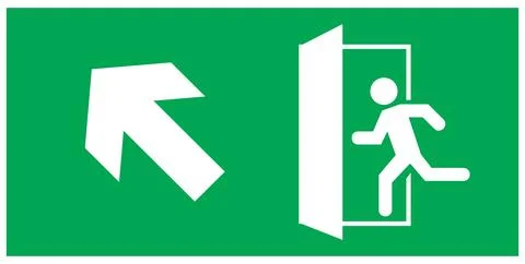 Emergency exit sign, running man icon to door, green color, arrow vector Stock Illustration