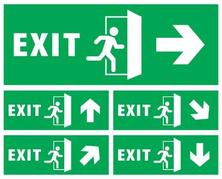 Emergency exit sign set, running man icon to door, green color Stock Illustration