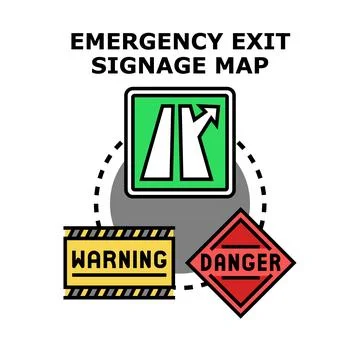 Emergency exit signage map with danger and warning signs Stock Illustration