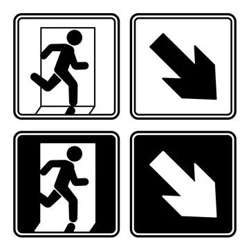 Emergency Exit Signs Pointing Down. Black and white vector icons. Warning s.. Stock Illustration