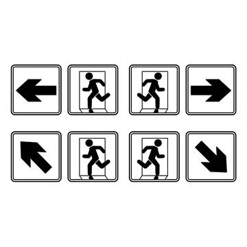 Emergency Exit Signs. Vector Icons. Man Running to Door Left, Right, Up and.. Stock Illustration