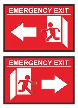 Emergency exit stickers in bold red with white directional arrows and runni.. Stock Illustration