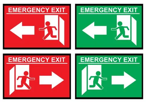 Emergency exit stickers in bright red and green with bold running figure ic.. Stock Illustration