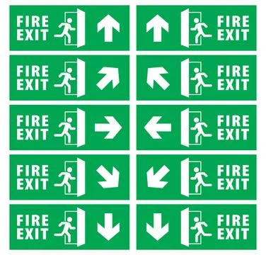 Emergency fire exit sign set, running man icon to door Stock Illustration