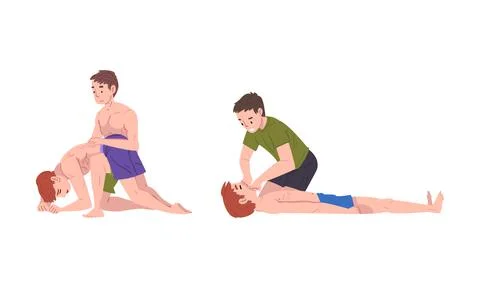 Emergency First Aid Procedure with Man Helping Victim Vector Set Stock Illustration