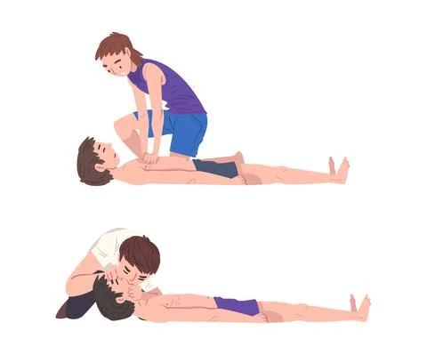 Emergency First Aid Procedure with Man Helping Victim Vector Set Stock Illustration