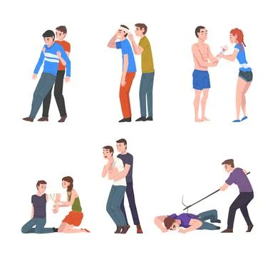 Emergency First Aid Procedure with Man and Woman Helping Victim Vector Set Stock Illustration