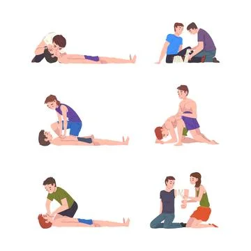 Emergency First Aid Procedure with Man and Woman Helping Victim Vector Set Stock Illustration