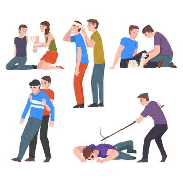 Emergency First Aid Procedures Set, People Helping Victim Persons Vector Stock Illustration