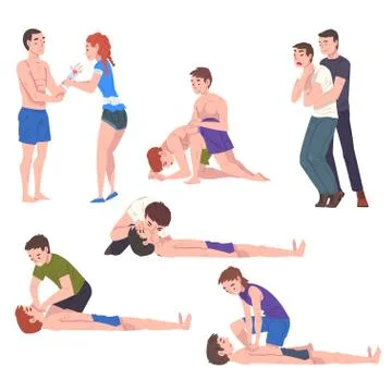 Emergency First Aid Procedures Set, People Helping Victim Persons, Life Stock Illustration